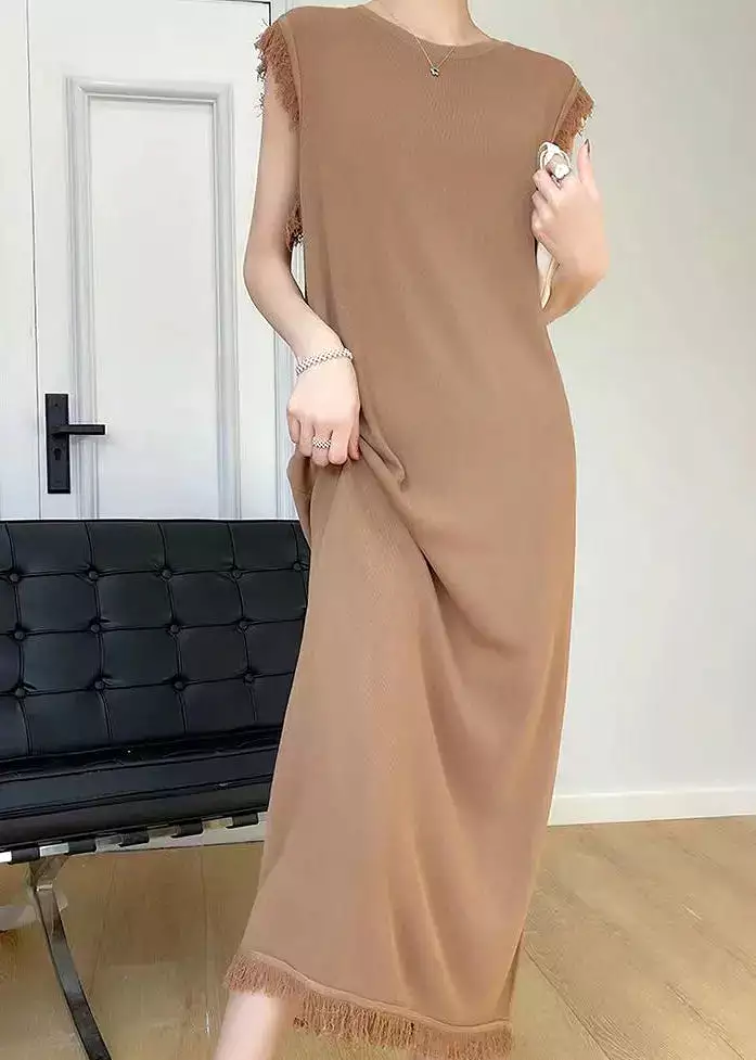 French Beige O-Neck Tasseled Ice Silk Knit Dress Sleeveless HA1042