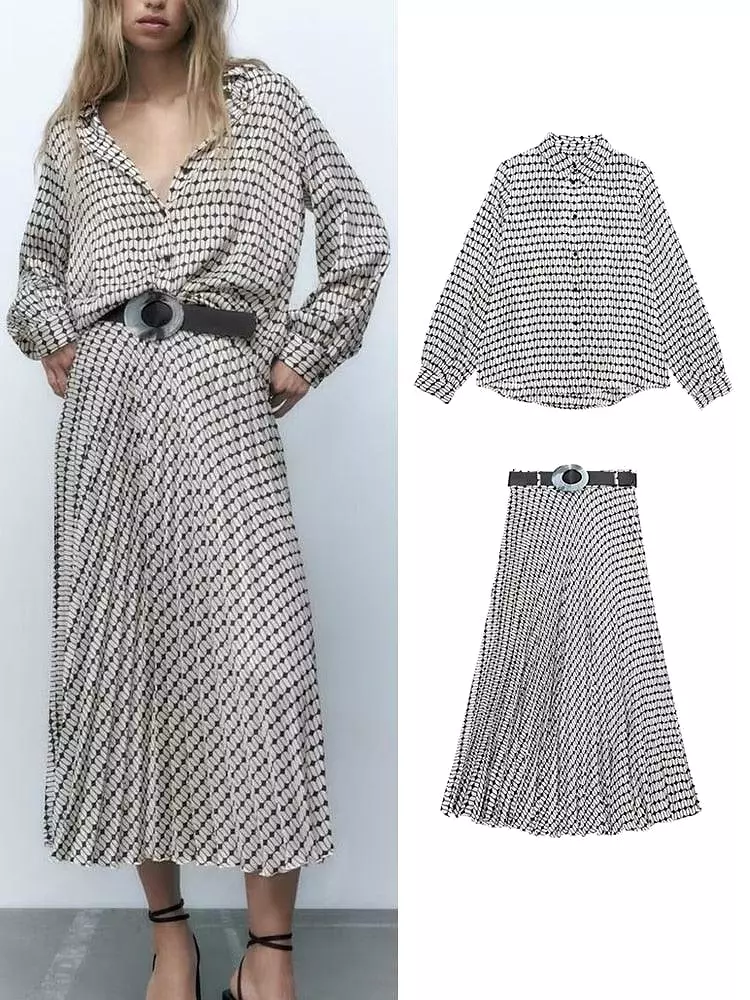 Geometric Print Skirt Sets Vintage Soft Long Sleeve Blouse Skirt With Belt Suit