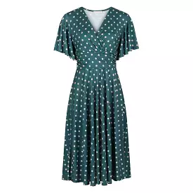 Green & Off White Polka Dot V Wrap Style Swing Dress with Waterfall Sleeves