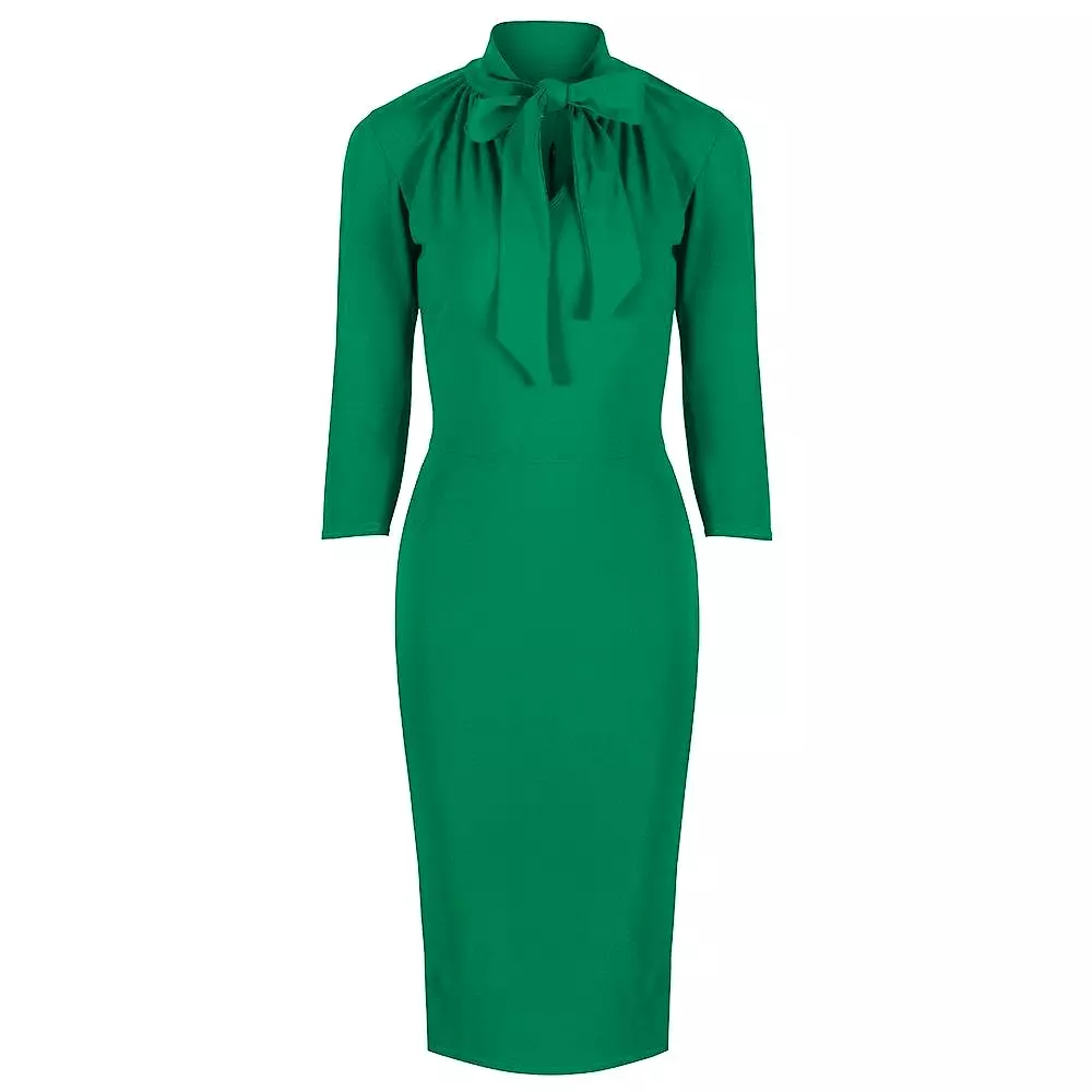 Green 3/4 Sleeve Tie Neck Bodycon Pencil Dress