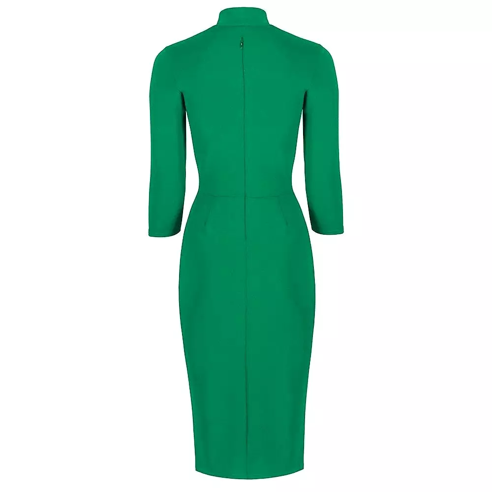 Green 3/4 Sleeve Tie Neck Bodycon Pencil Dress