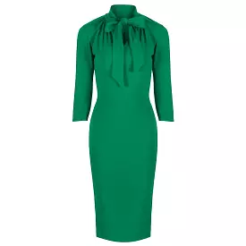 Green 3/4 Sleeve Tie Neck Bodycon Pencil Dress