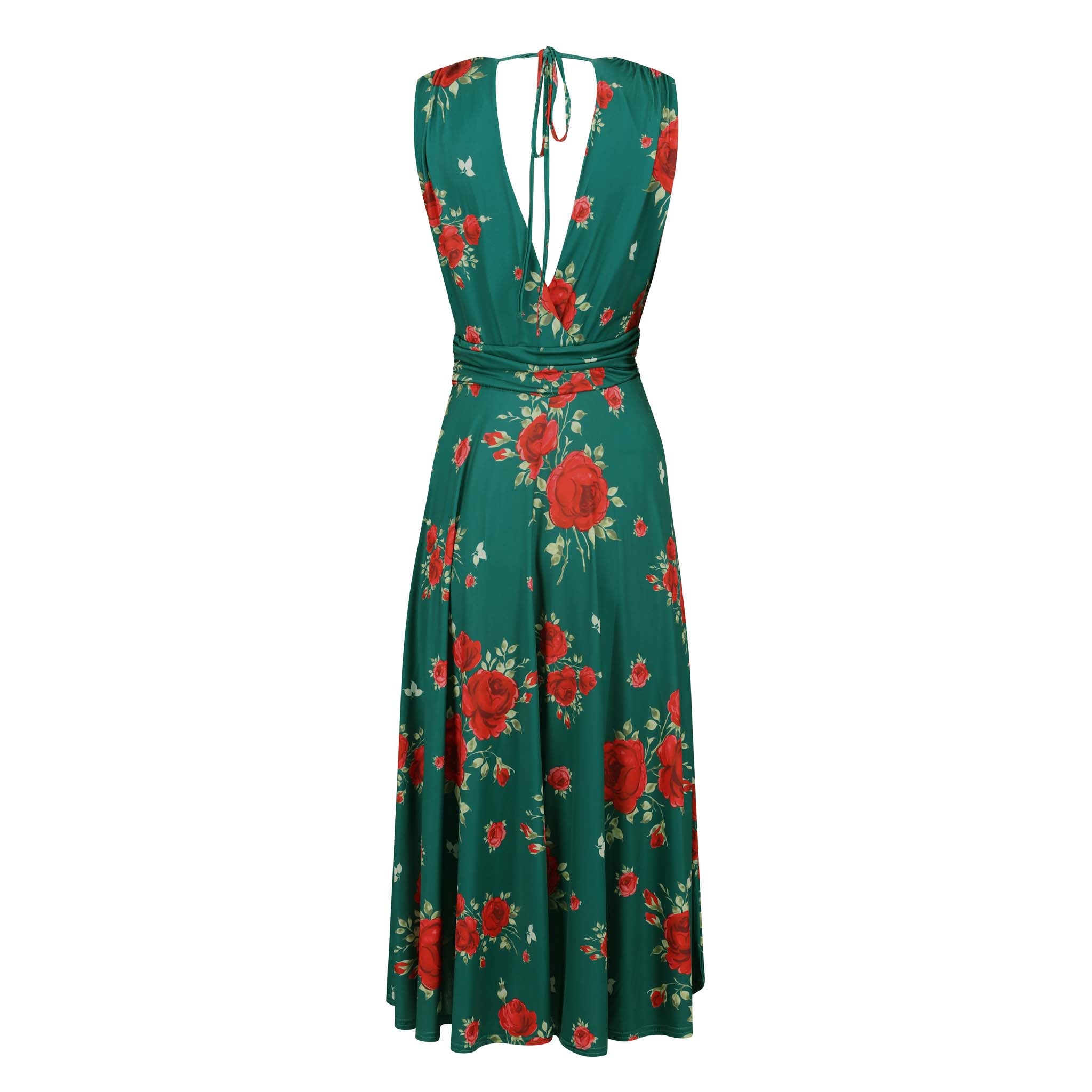 Green And Red Floral Print V Neck Crossover Top Empire Waist Swing Dress