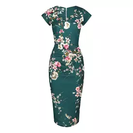 Green Floral Print Cap Sleeve V Neck 40s Style Wiggle Dress