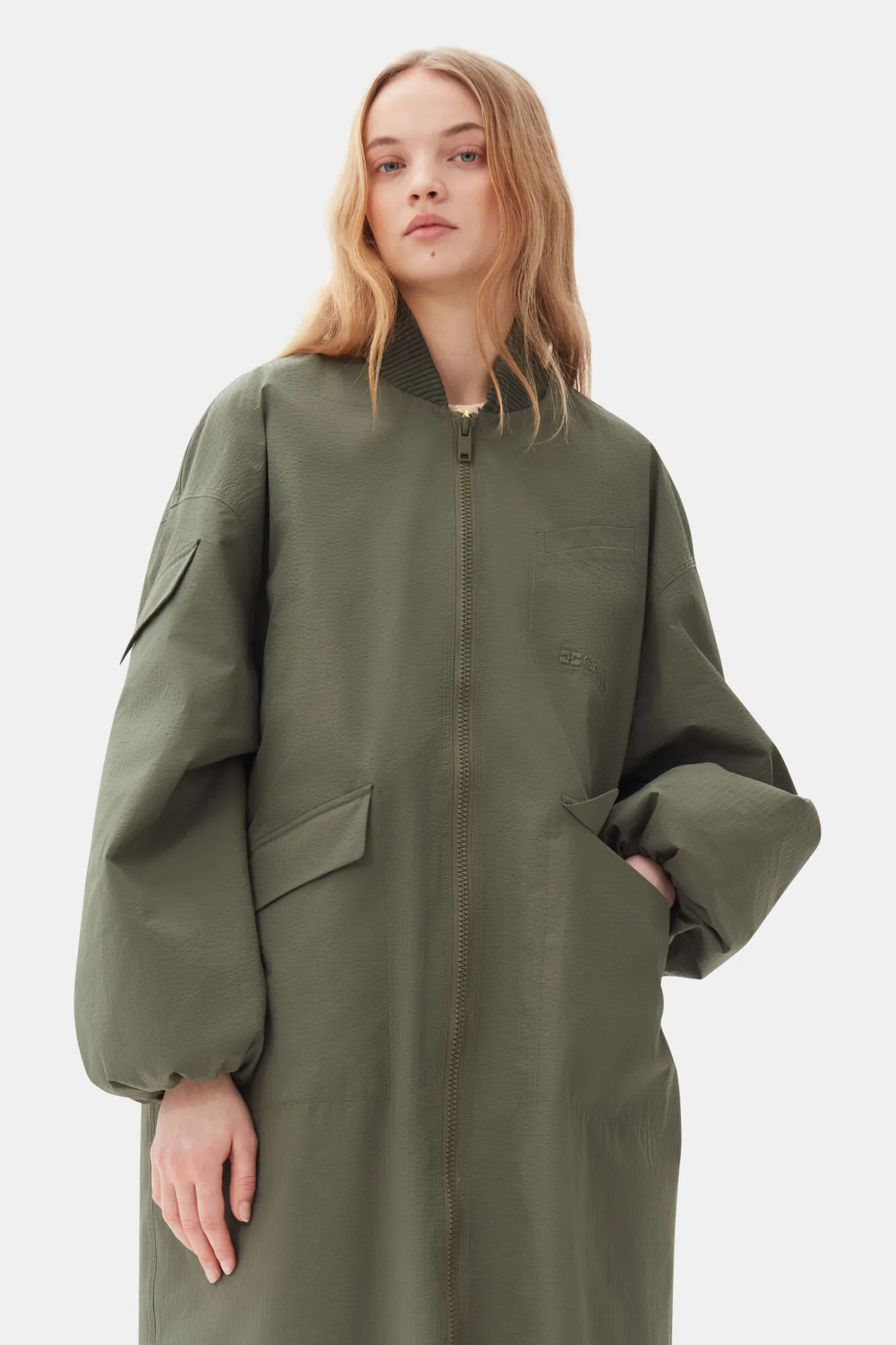 Green Tech Seersucker Oversized Shell Coat