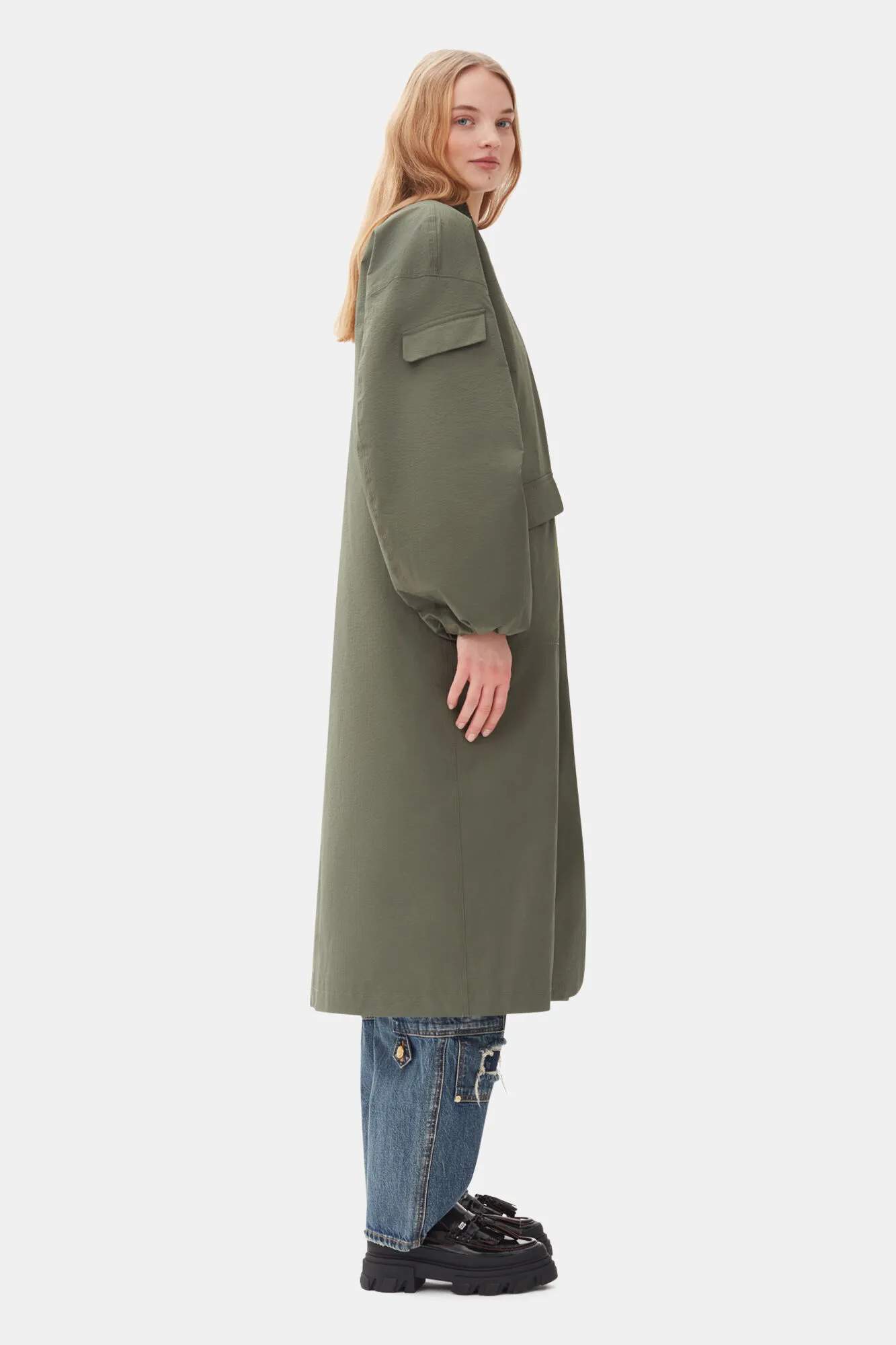 Green Tech Seersucker Oversized Shell Coat