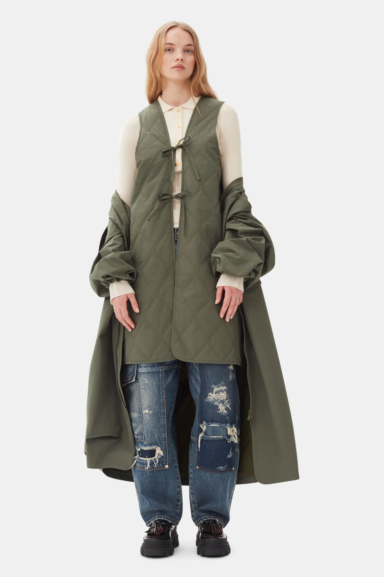 Green Tech Seersucker Oversized Shell Coat