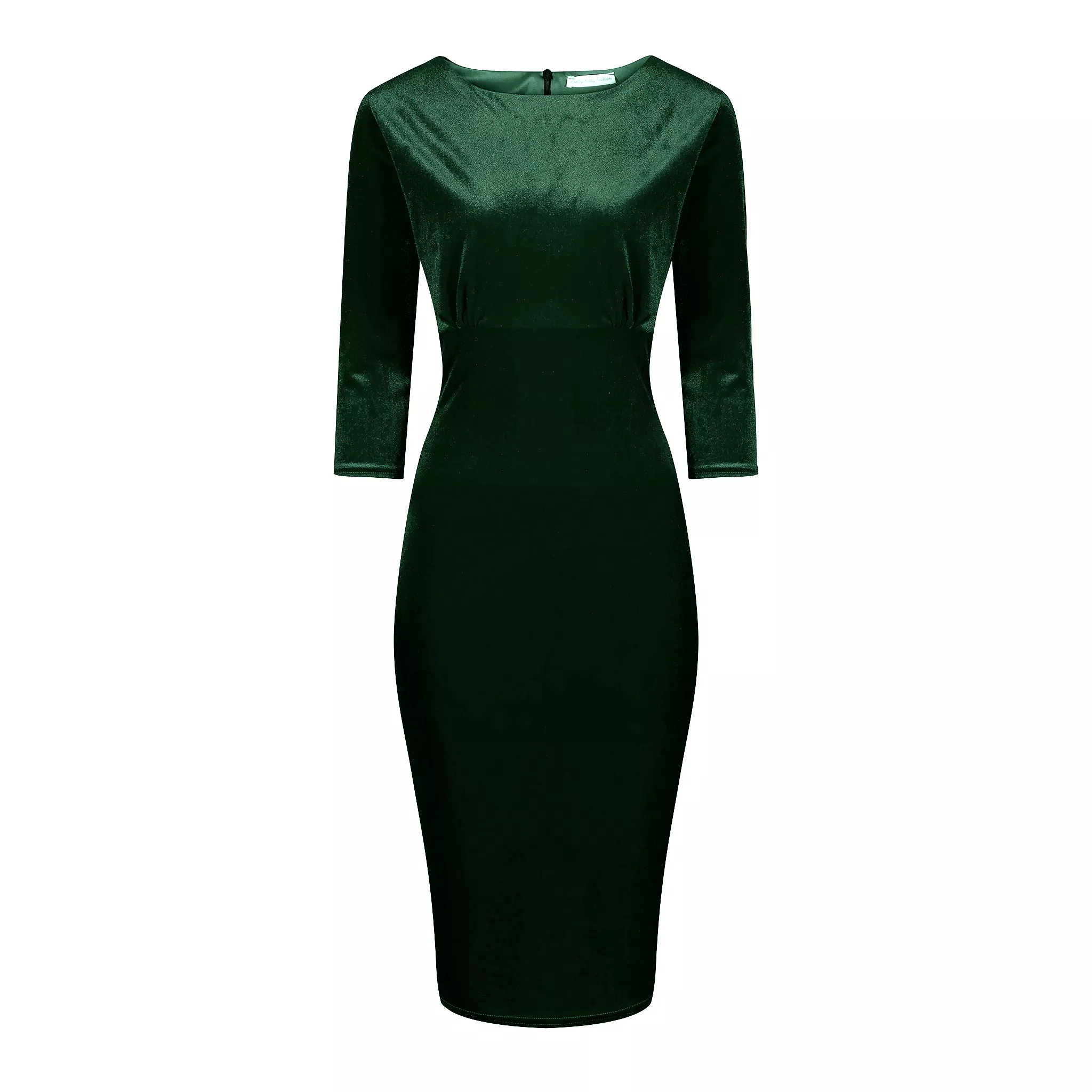 Green Velour Boatneck 3/4 Sleeve Bodycon Gathered Waist Wiggle Dress