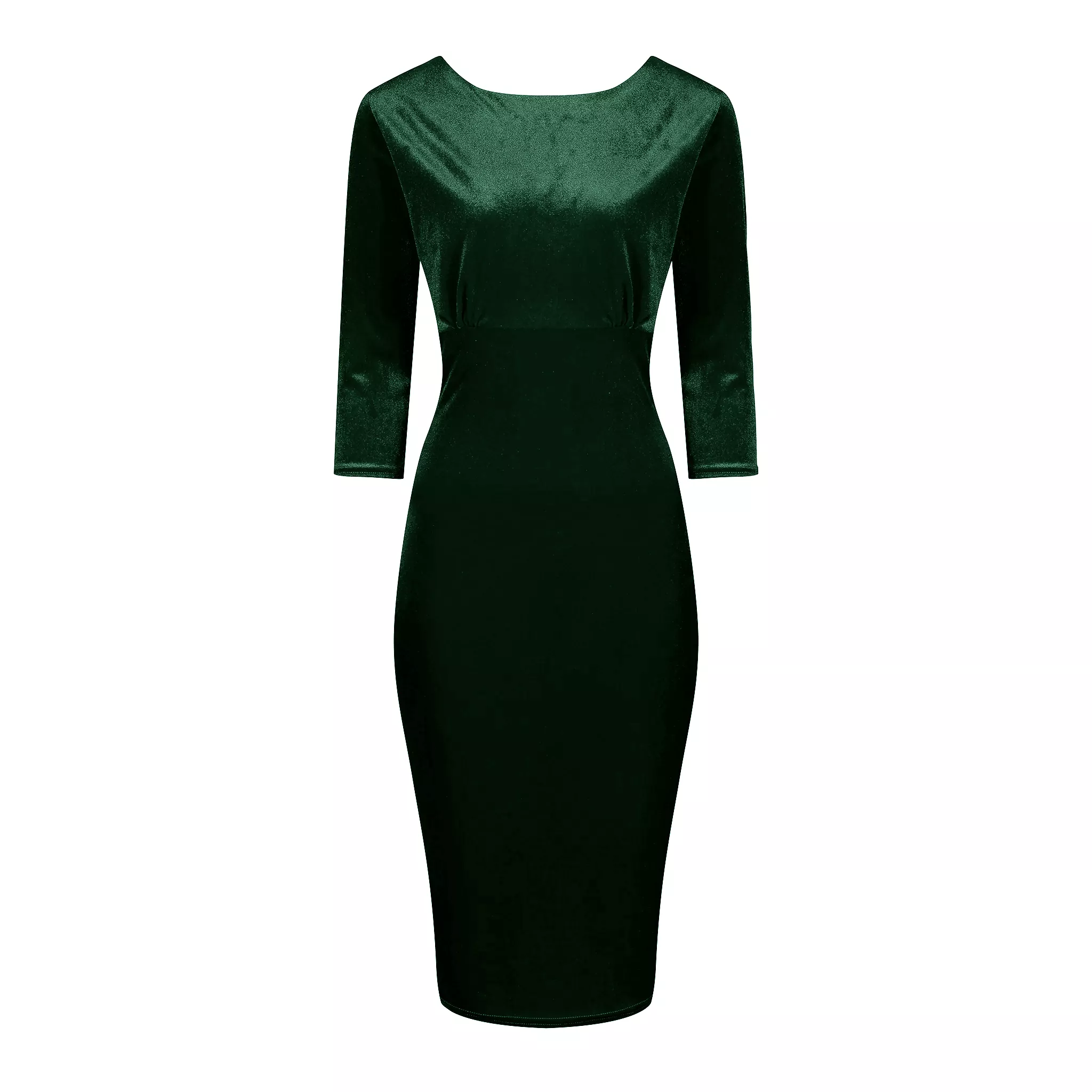 Green Velour Boatneck 3/4 Sleeve Bodycon Gathered Waist Wiggle Dress