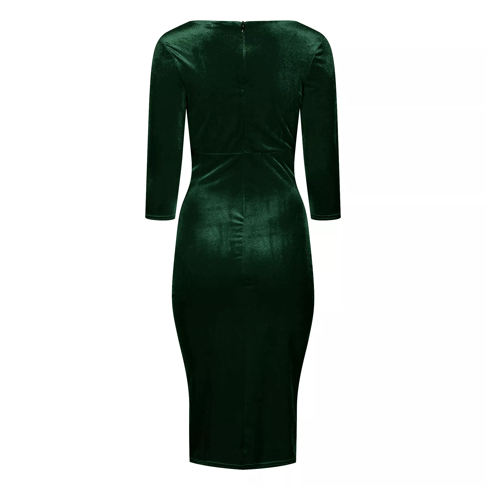 Green Velour Boatneck 3/4 Sleeve Bodycon Gathered Waist Wiggle Dress