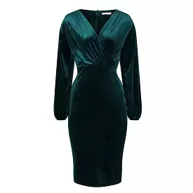 Green Velour Crossover Top Long Sleeve Wiggle Pencil Dress