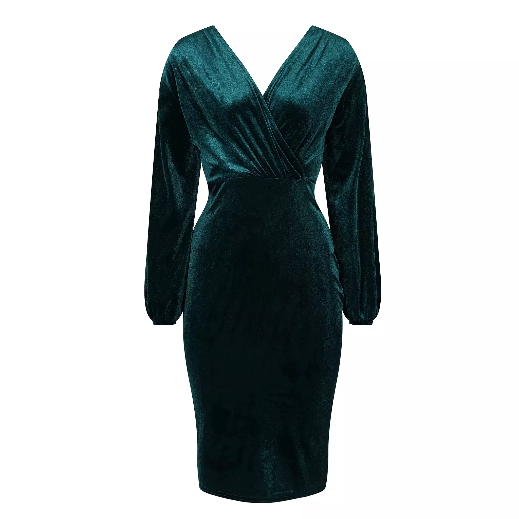 Green Velour Crossover Top Long Sleeve Wiggle Pencil Dress