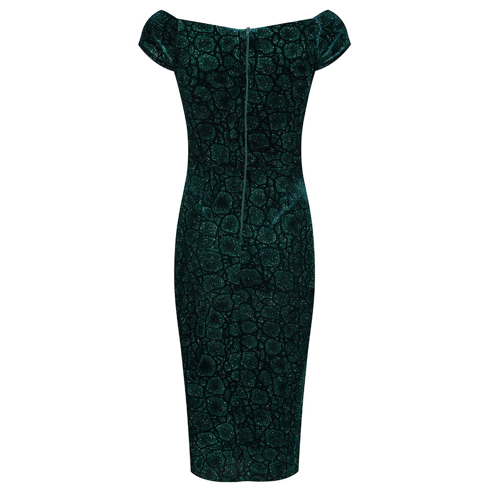 Green Vintage Animal Print Velvet Capped Sleeve Wiggle Dress