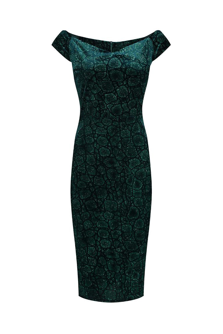 Green Vintage Animal Print Velvet Capped Sleeve Wiggle Dress