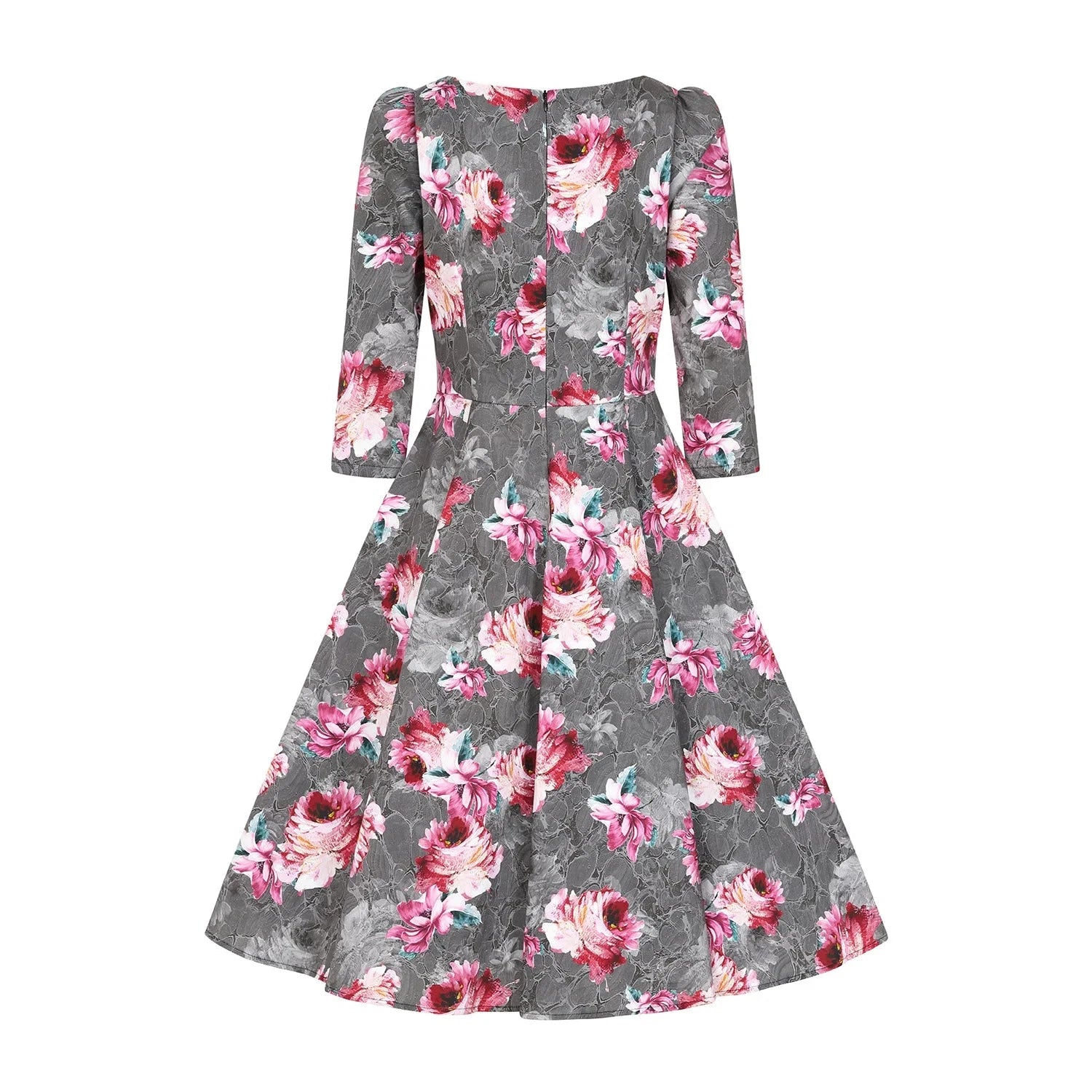 Grey Pink Floral Print 50 3/4 Sleeve Swing Tea Dress With Pockets