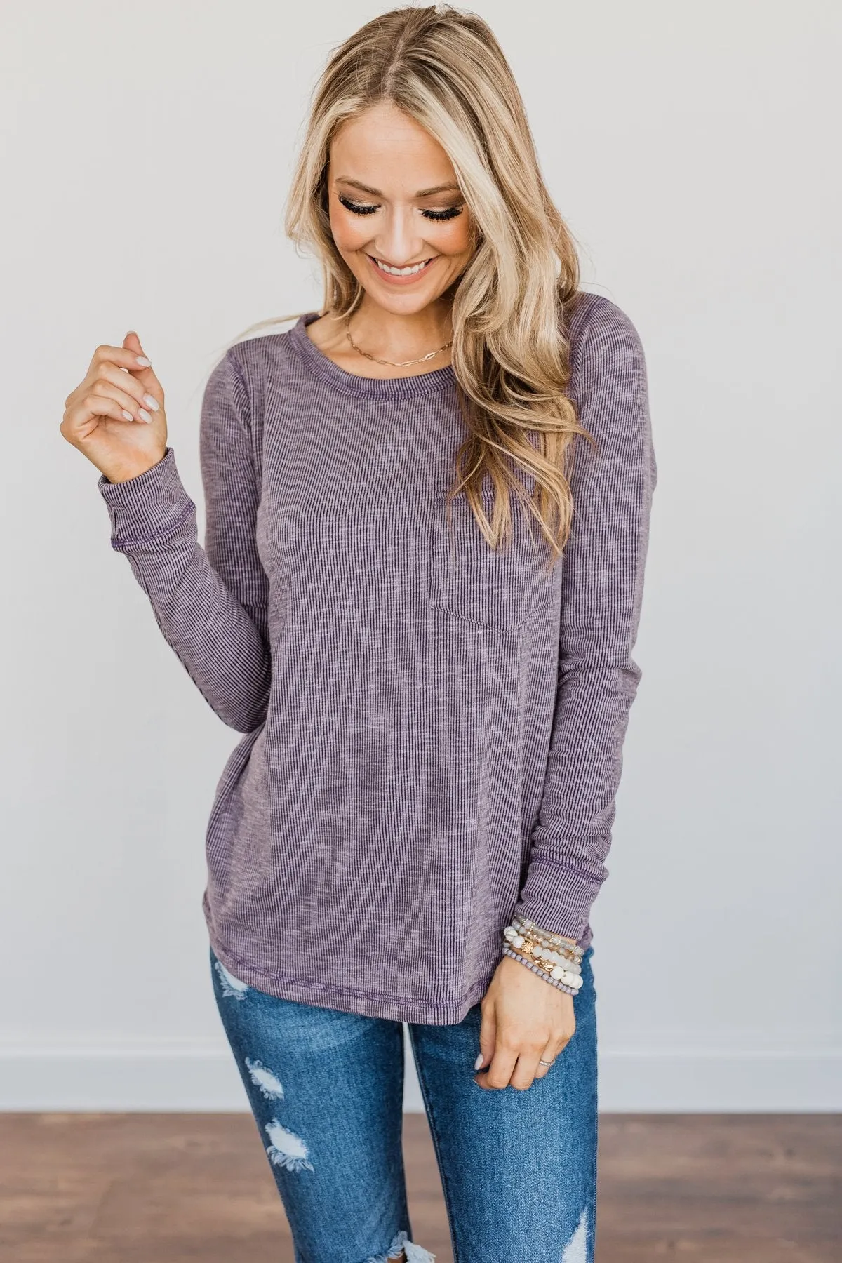 Harvest Happenings Knit Pocket Top- Eggplant