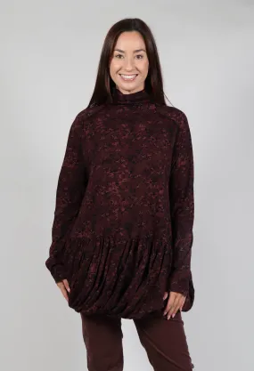 High Neck Top with Bubble Hem in Wood Faux Print