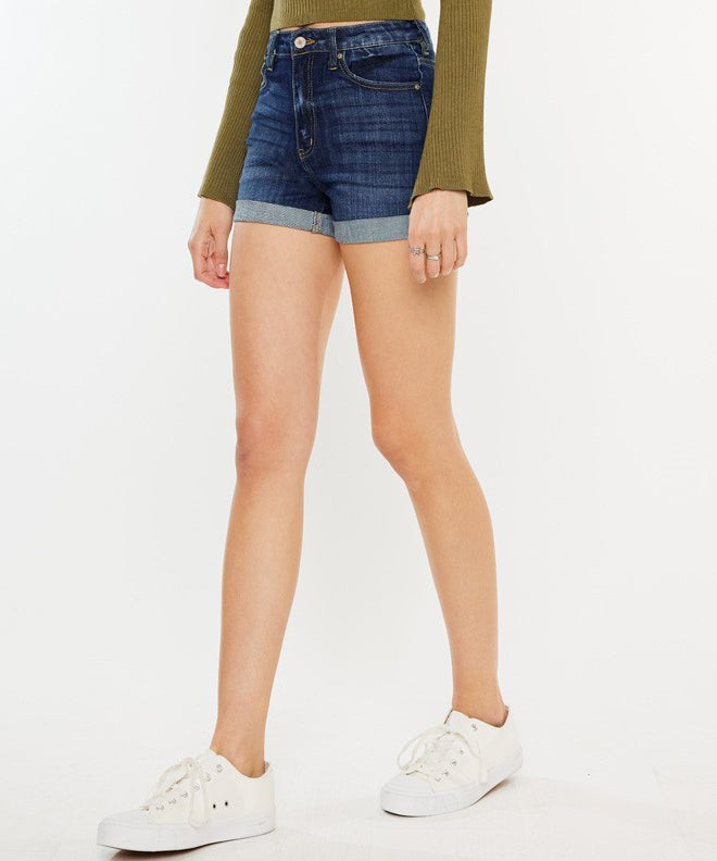 High Rise Double Fold Cuff Denim Shorts - Dark Wash