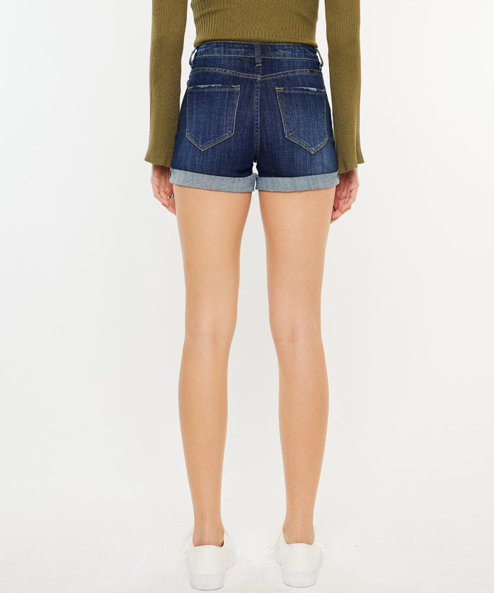 High Rise Double Fold Cuff Denim Shorts - Dark Wash