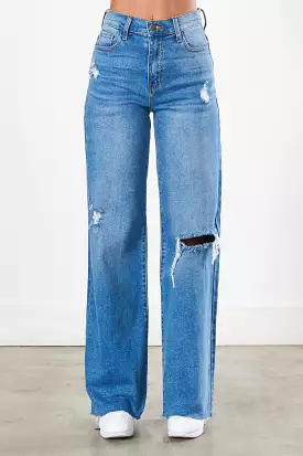 HIGH WAISTED DISTRESS WIDE LEG JEANS