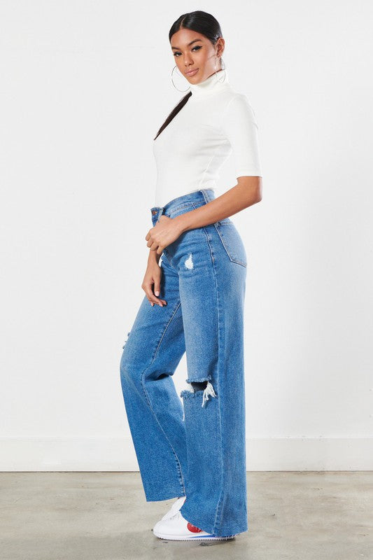 HIGH WAISTED DISTRESS WIDE LEG JEANS