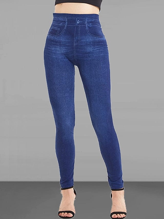 High Waisted Faux Denim Jeggings for Women with Pockets