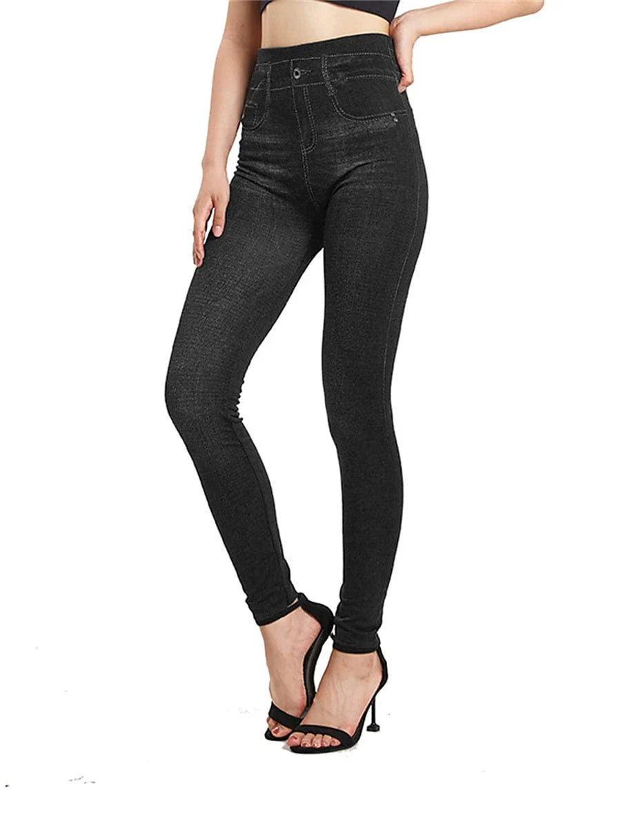 High Waisted Faux Denim Jeggings for Women with Pockets