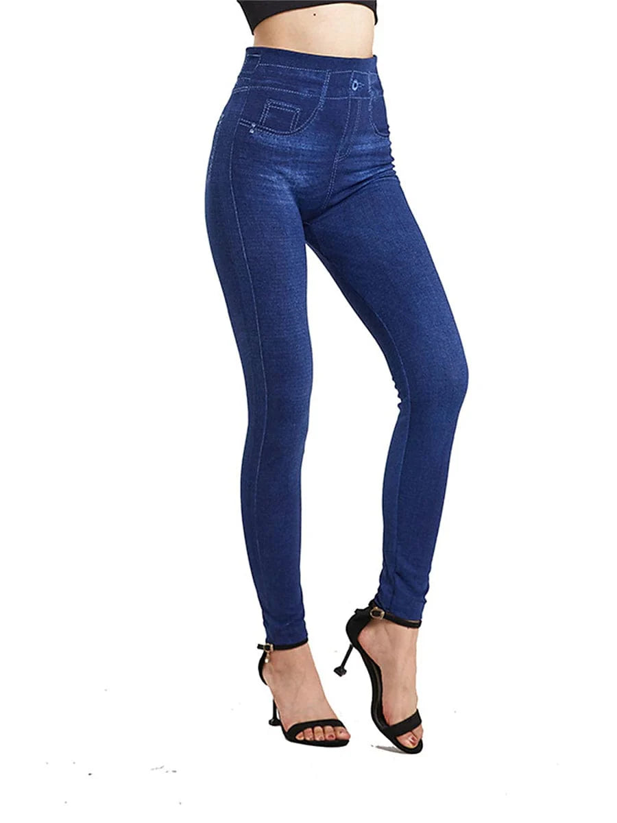 High Waisted Faux Denim Jeggings for Women with Pockets