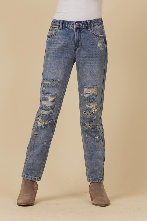 High waisted super distressed girlfriend jeans