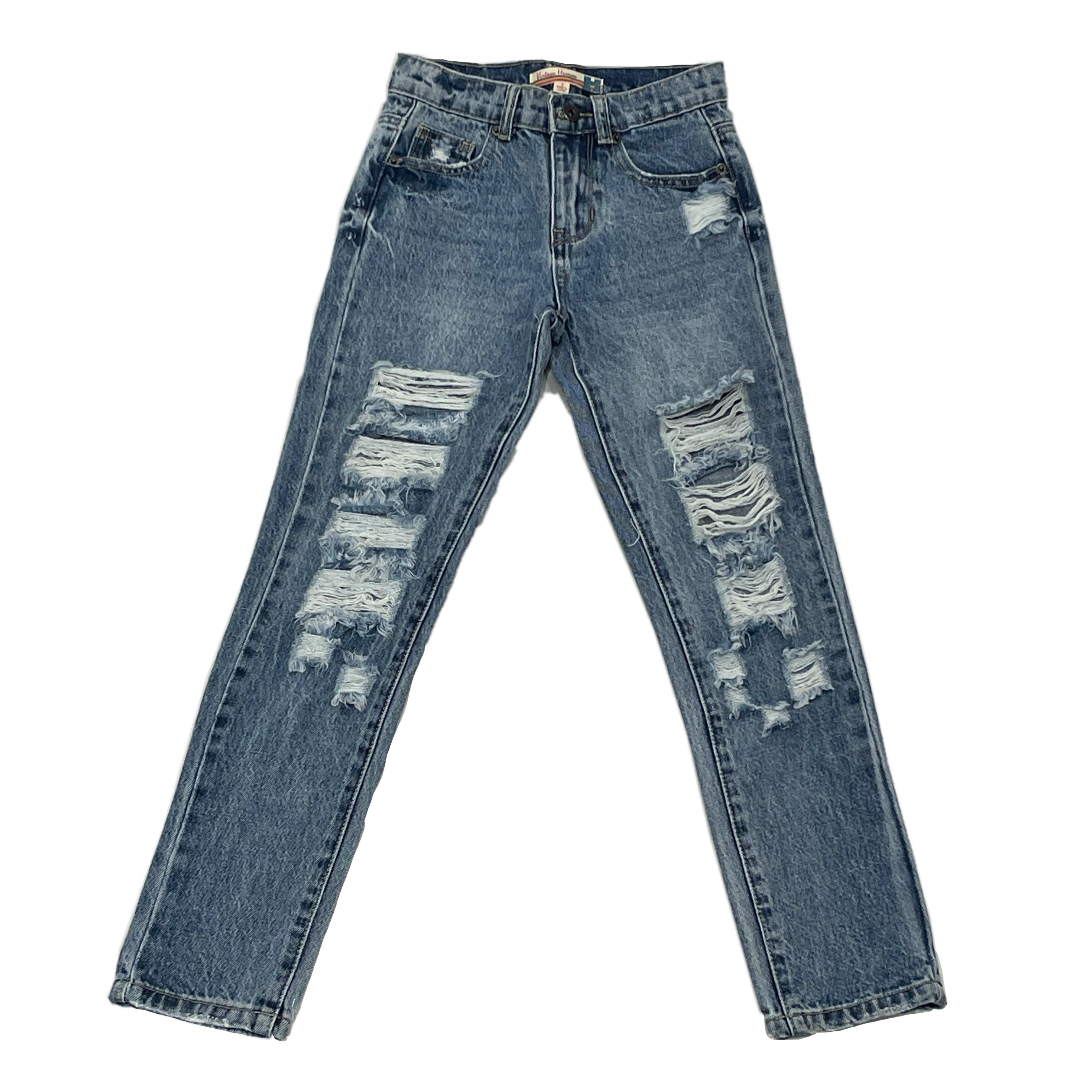 High waisted super distressed girlfriend jeans