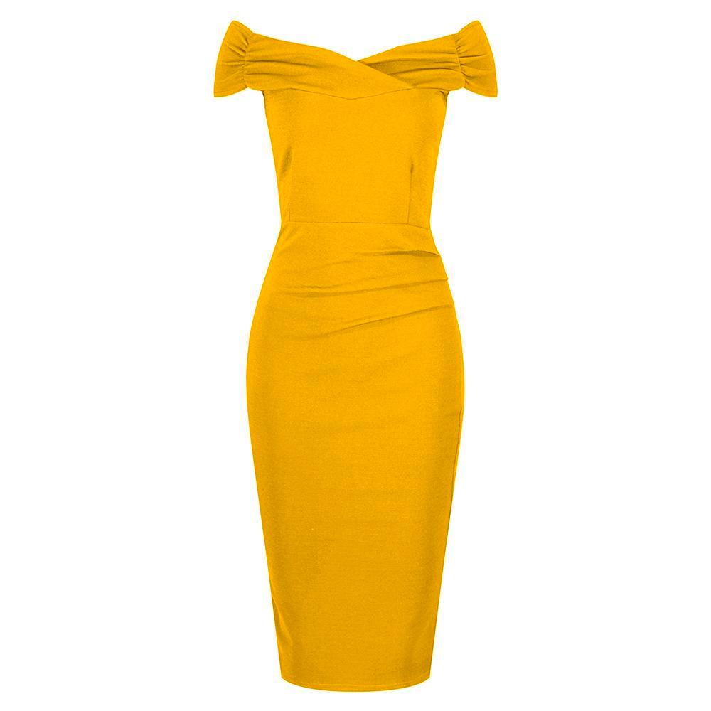 Honey Mustard Yellow Cap Sleeve Crossover Top Bardot Wiggle Dress