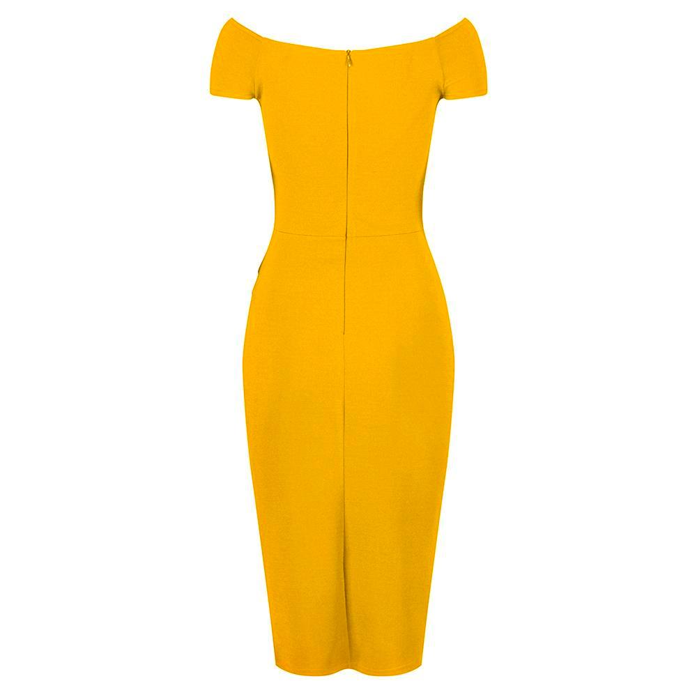 Honey Mustard Yellow Cap Sleeve Crossover Top Bardot Wiggle Dress