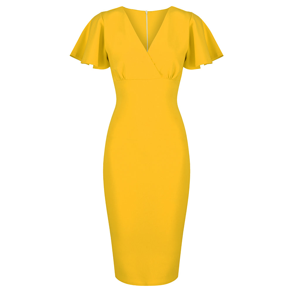 Honey Yellow Half Sleeve Deep V Neck Crossover Top Wiggle Dress