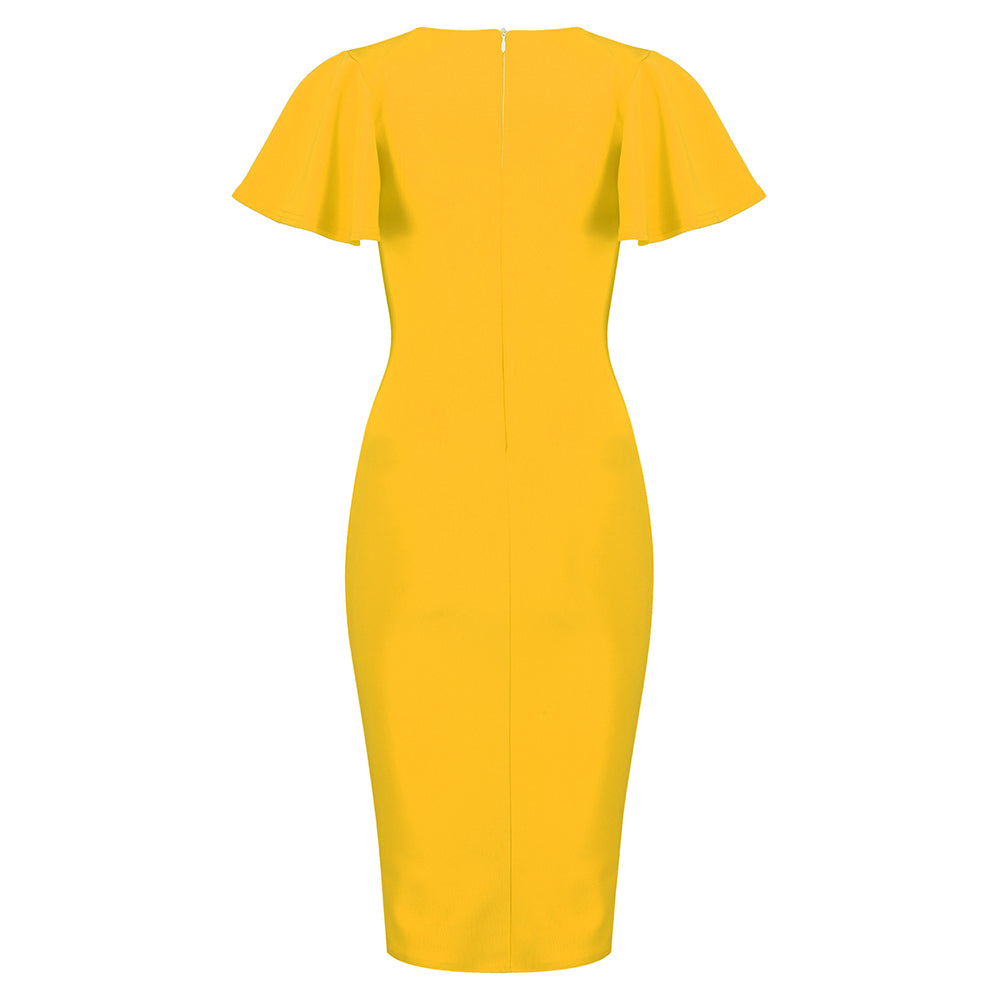 Honey Yellow Half Sleeve Deep V Neck Crossover Top Wiggle Dress