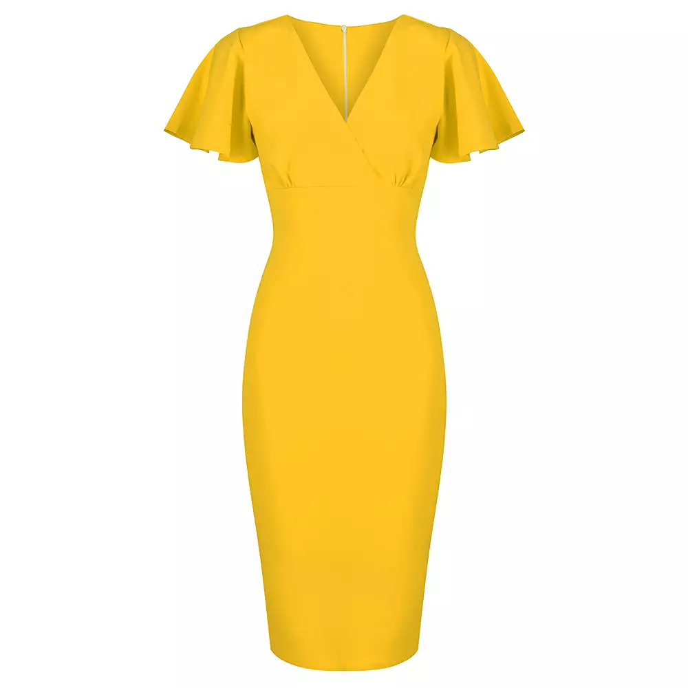 Honey Yellow Half Sleeve Deep V Neck Crossover Top Wiggle Dress