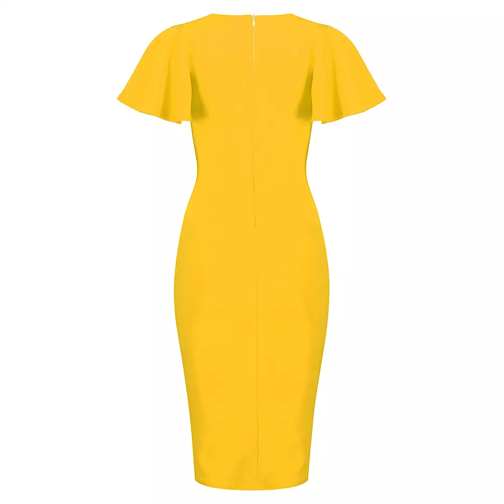 Honey Yellow Half Sleeve Deep V Neck Crossover Top Wiggle Dress