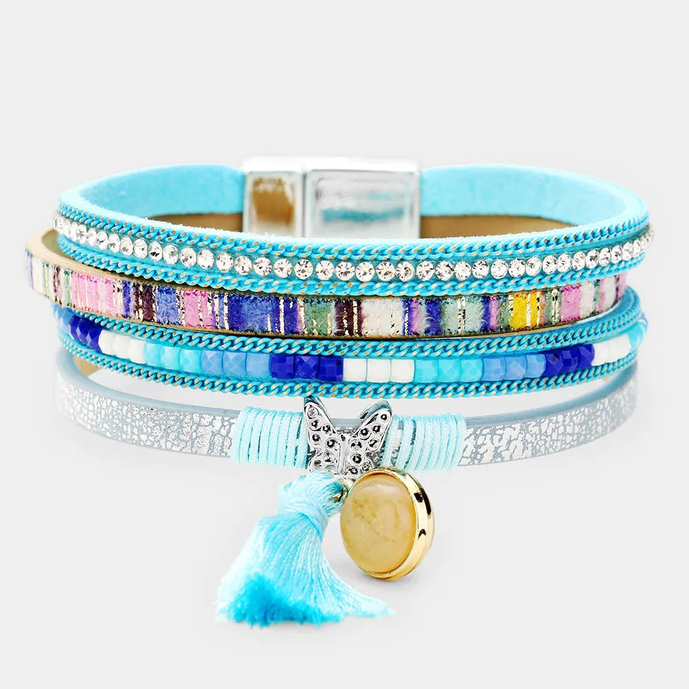 iLLASPARKZ Butterfly Round Stone Tassel Faux Leather Strand Magnetic Bracelet