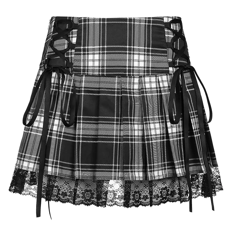 INS Contrast pleated skirt with lace edge and tied plaid skirt BY90051