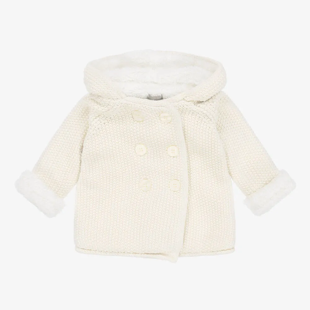 Ivory Knitted Cotton Hooded Pram Coat