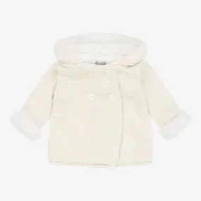 Ivory Knitted Cotton Hooded Pram Coat