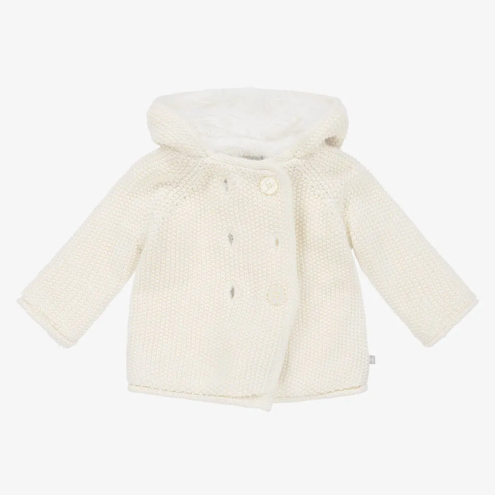 Ivory Knitted Cotton Hooded Pram Coat