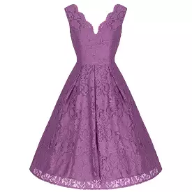 Jolie Moi Dark Mauve Purple Embroidered Lace Sleeveless V Neck 50s Swing Dress