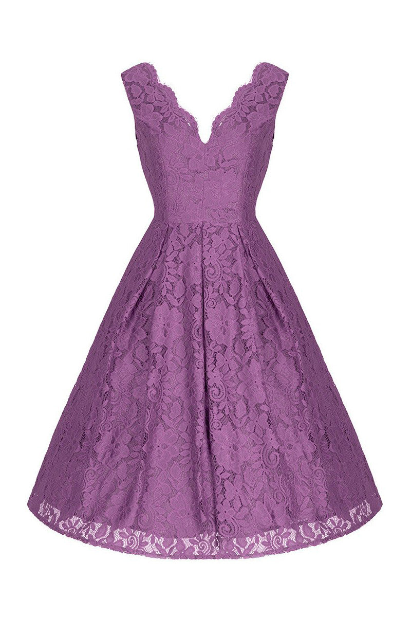 Jolie Moi Dark Mauve Purple Embroidered Lace Sleeveless V Neck 50s Swing Dress