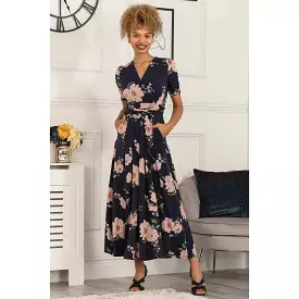 Jolie Moi Navy Floral Pleat Short Sleeve Jersey Dress