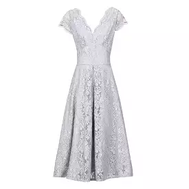 Jolie Moi Silver Grey Cap Sleeve Scallop Neck Embroidered Lace 50s Swing Dress