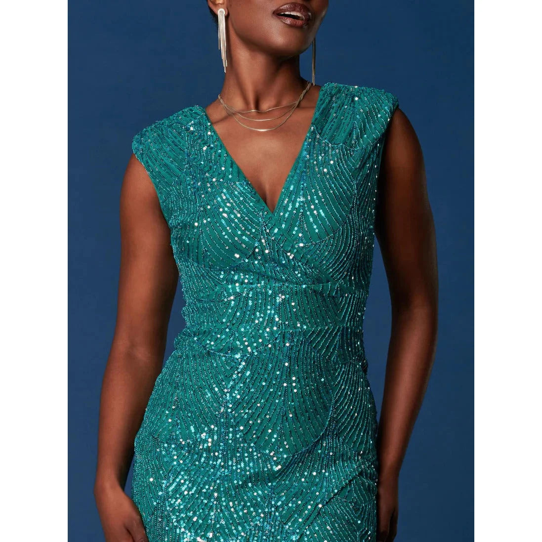 Jolie Moi Teal Green Sleeveless V Neck Split Skirt Sequin Wiggle Dress