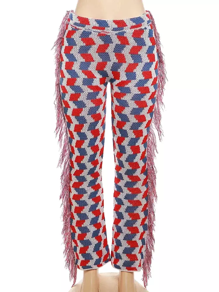 Knit Colorful Plaid Pants Women Fall Trend Skinny Stretch Side Furry Casual Trousers