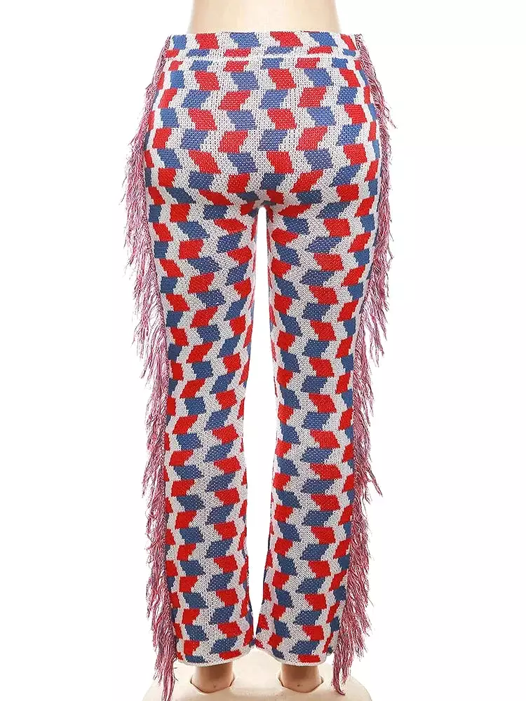 Knit Colorful Plaid Pants Women Fall Trend Skinny Stretch Side Furry Casual Trousers