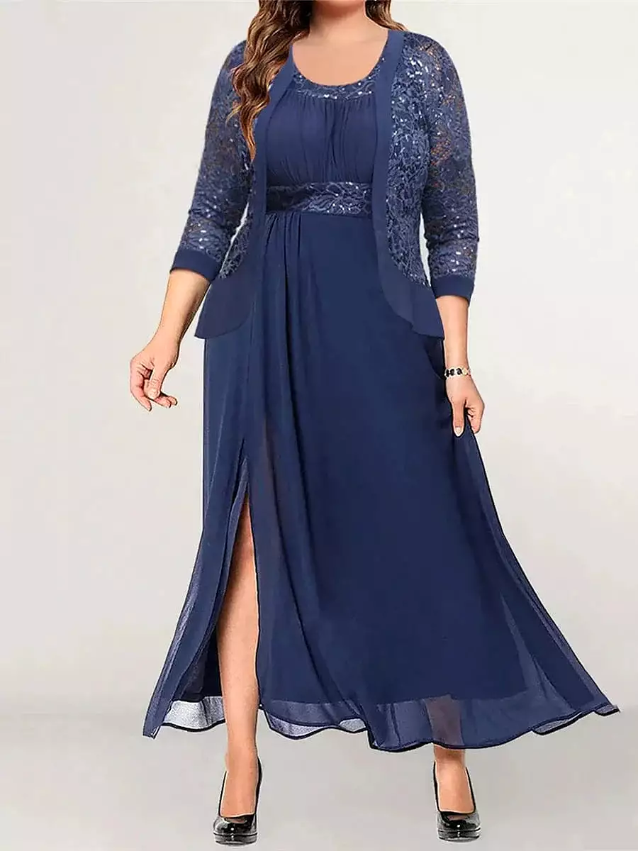 Lace Patchwork Navy Blue Maxi Dress for Women's Plus Size