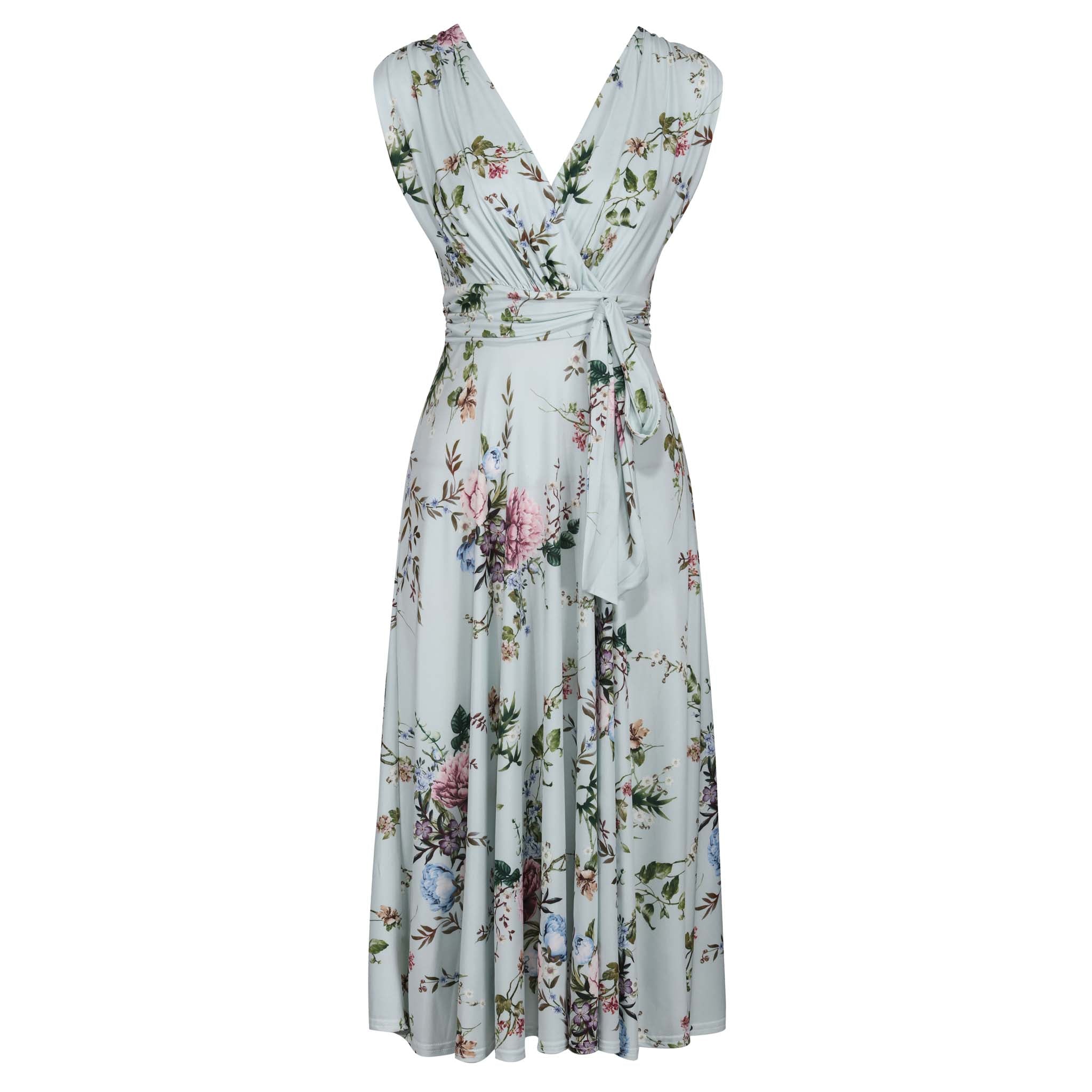 Light Blue Floral V Neck Crossover Top Empire Waist Swing Dress